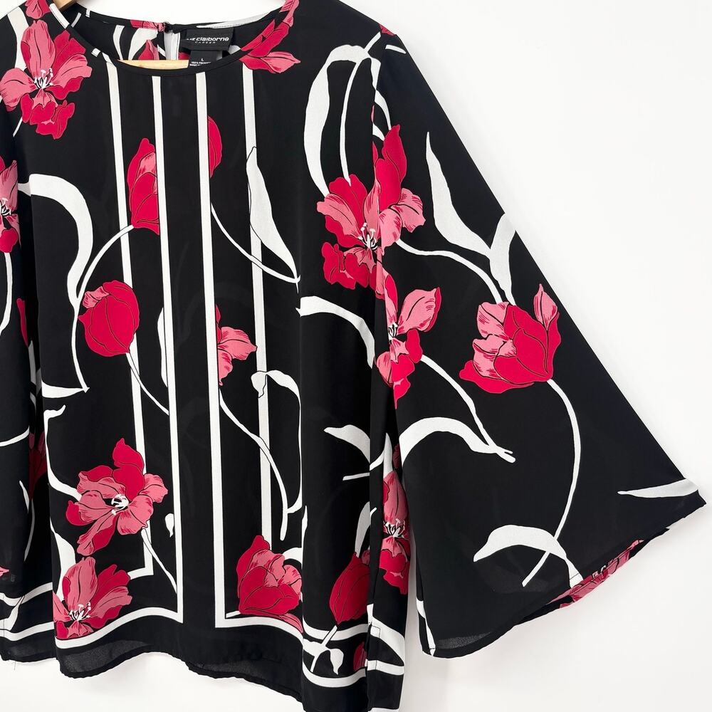 Liz Claiborne Career Sheer Floral Bell Sleeve Top Size L